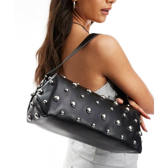 & OTHER STORIES Soft Leather Studded Shoulder Bag Black and Silver - Picture 1 of 9